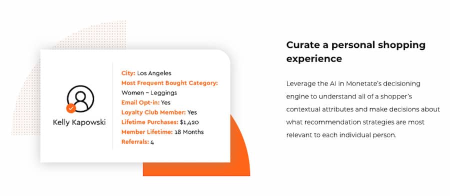 Monetate screenshot. Text on the right states: Curate a personal shopping experience. On the left, an information box for a shopper includes the following details: City, Most frequent bought category, Email opt-in, Loyalty club member, lifetime purchases, member lifetime, referrals. 