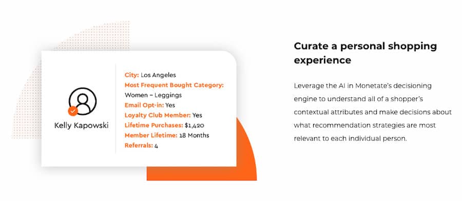 monetate-vs-certona-2 Monetate screenshot. Text on the right states: Curate a personal shopping experience. On the left, an information box for a shopper includes the following details: City, Most frequent bought category, Email opt-in, Loyalty club member, lifetime purchases, member lifetime, referrals.