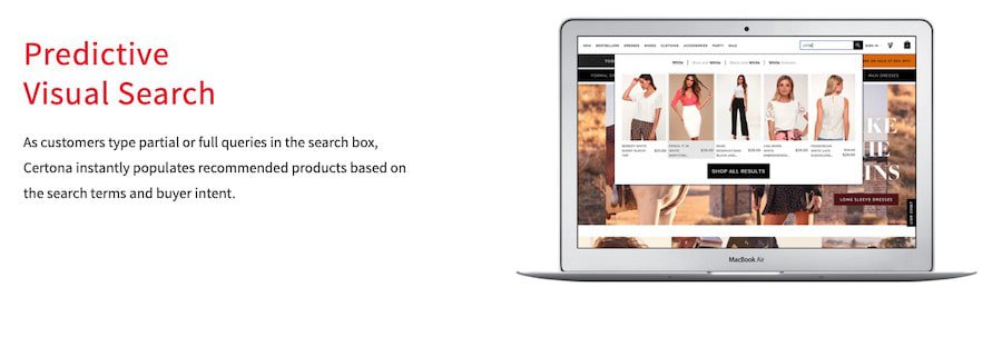 Certona screenshot. Text on the left states: Predictive Visual Search.  On the right, a photograph of a website search bar. The search bar expands to display a horizontal row of products with images. 