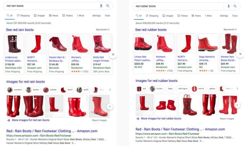 Two Google search results for red rain boots and red rubber boots. Both searches have the same type of products listed. For the horizontal shopping ads, Amazon is the second listing in the red rain boots search and the third and fifth listing for red rubber boots search.