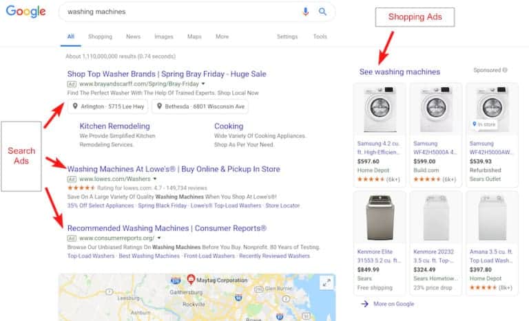 Google search ads and Google shopping ads for washing machines. On the left, text ads for washing machines. One contains a rating. On the right, 6 shopping ads for washing machines. Each contains the name of the product, the price, the store and three contain a rating.