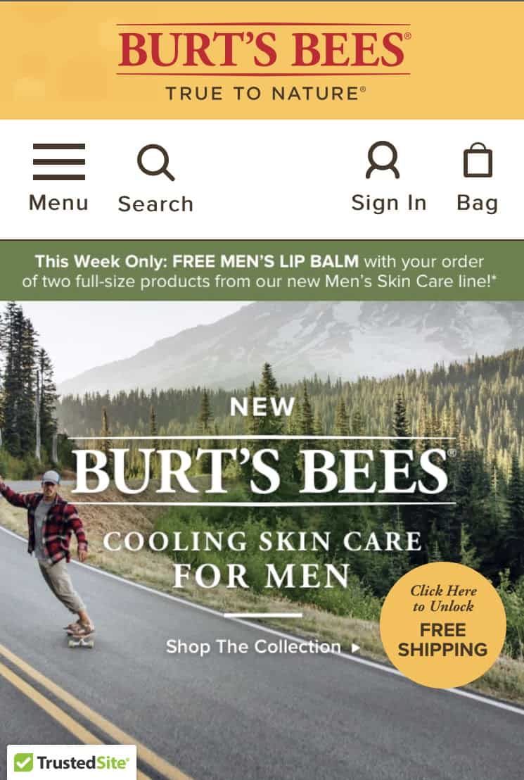 A screenshot of the Burt's Bees website. At the bottom left corner is a TrustedSite certification seal. 