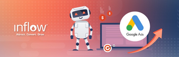 Illustration of robot figure next to laptop monitor, showing Google Ads logo, coins, and a bullseye. Logo: Inflow. Attract. Convert. Grow.