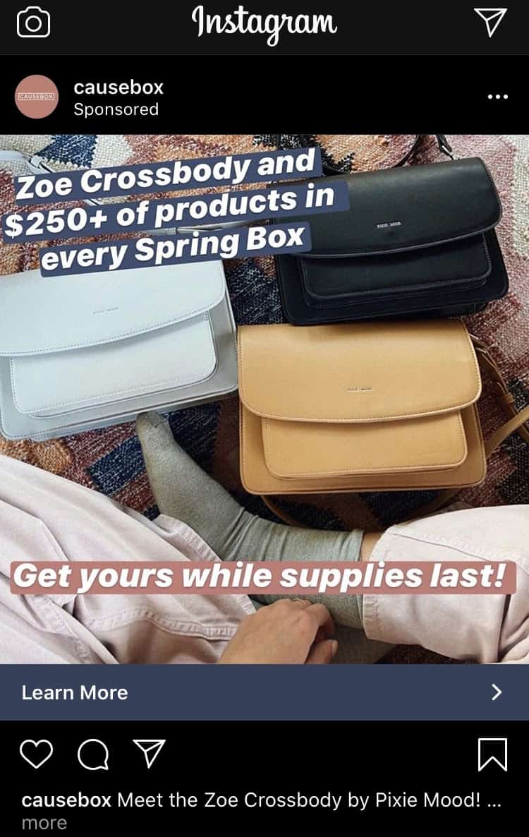 A Causebox Instagram ad. A photograph displays three different colored purses in front of a seated person.