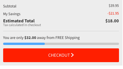 Gap total price screenshot. Near the bottom is a progress bar with text: You are only .00 away from Free shipping. Below is a button labeled checkout. 