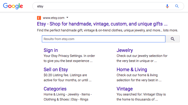 Google search result for etsy. Etsy is the top result. Beneath the first text is a search bar labeled Results from etsy.com. Beneath the search bar are two columns and three rows of links to specific pages on Etsy. 