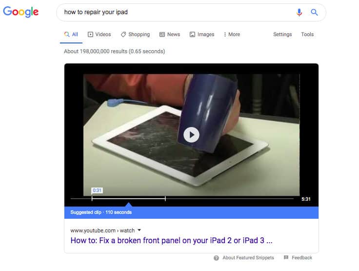 Google search result for how to repair your ipad. A video Featured snippet at the top of the results with a YouTube link titled: How to: Fix a broken front panel on your iPad 2 or iPad 3. 