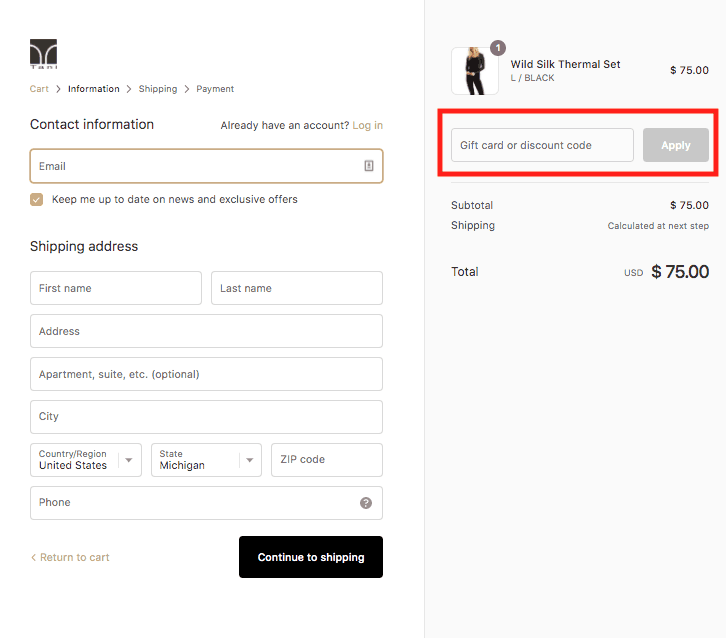 Tani checkout screenshot. On the left, contact information and shipping address. On the right, the product in cart and a text box labeled Gift card or discount code. 