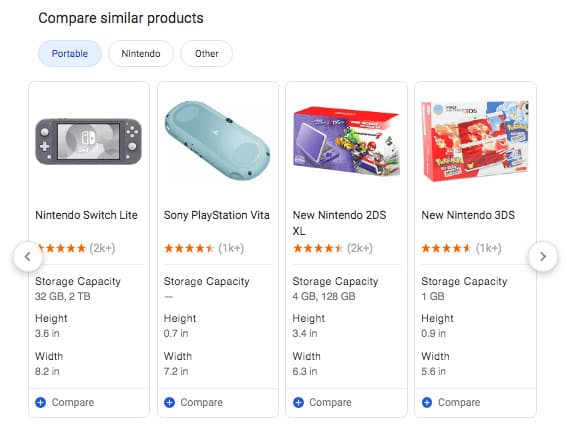 Google Knowledge Graph product result. Text at top states: Compare similar products. Beneath is a horizontal row of 4 products with the option to scroll. Products are: Nintendo Switch Lite, Sony Playstation Vita, New Nintendo 2 D S X L, New Nintendo 3 D S. 