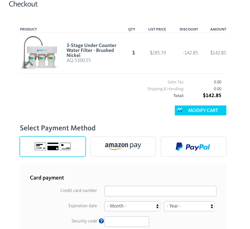 Aquasana checkout screenshot. At the top is the products in the cart. Beneath is a button labeled modify cart. Beneath this are the payment details. 