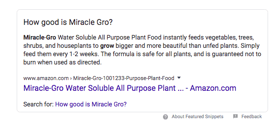 Google Q & A snippet. Text at top states: How good is Miracle Gro? Followed by an answer and then a link to Miracle-Gro on Amazon.com. 