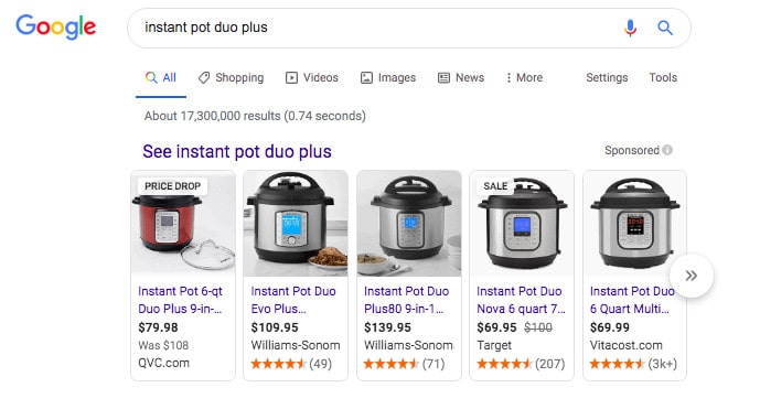 Google search results for instant pot duo plus. Text at the top of the results states: See instant pot duo plus. Beneath is a horizontal row of products with an image of the product, name, price, website and rating with the option to scroll.