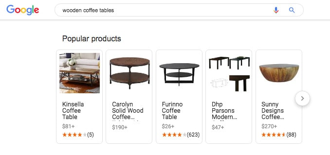 Google search results for wooden coffee tables. Text at the top of the results states: Popular products. Beneath is a horizontal row of wood coffee tables products with the option to scroll. Three of the options contain a rating. 