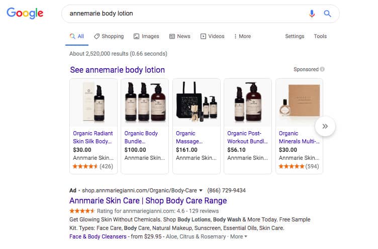 Google search results for annemarie body lotion. Text at top of results states: See annemarie body lotion. Beneath is a horizontal row of Annmarie products. Beneath which is an ad result for Annmarie skin care. 