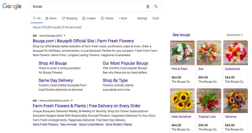 Google search results for bouqs. The first Ad search result is for Bouqs.com. The second Ad search result is for Urban Stems. 