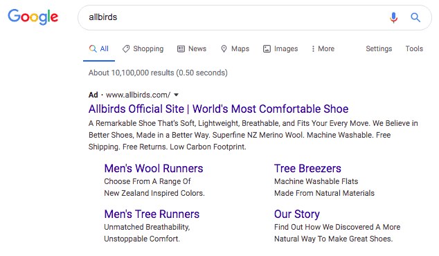 Google search result for allbirds. Allbirds official site is the top result. Beneath the first text are two columns and two rows of links to specific pages on Allbirds 