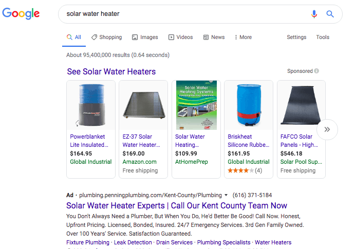 Google search results for solar water heater. Text at the top of the results states: See solar water heaters. Beneath is a horizontal row of products with an image of the product, name, price, website and rating with the option to scroll. Beneath, is a text ad for a solar water heater. 