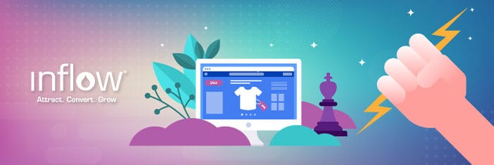 Illustration of eCommerce website with shirt displayed as product. An illustrated hand grips a lightning blot and a chess piece sits nearby.