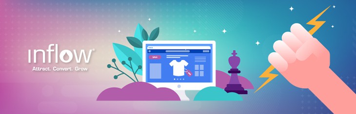 Illustration of eCommerce website with shirt displayed as product. An illustrated hand grips a lightning blot and a chess piece sits nearby.