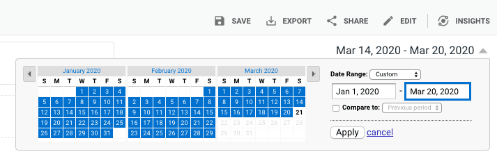 Google Analytics Screenshot. A dropdown menu beside the text Mar 14, 2020 - Mar 20, 2020. Top text states: Date range. Custom is selected. Below are two date range text boxes with the text Jan 1,2020 - Mar 20,2020. A calendar with the selected dates highlighted is to the left of the text. 