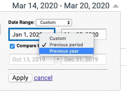 Google Analytics screenshot. A dropdown menu beside the text Mar 14, 2020 - Mar 20, 2020. Top text states: Date range. Custom is selected. Below are two date range text boxes. Below which is a selected checkbox labeled "compare to" with three options: Custom, previous period, previous year. 