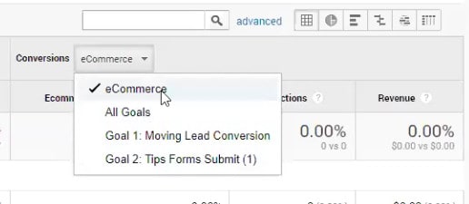 Google Analytics screenshot. Text near the top states: Conversions. Beside it a dropdown menu with four options displayed. ecommerce is selected. 