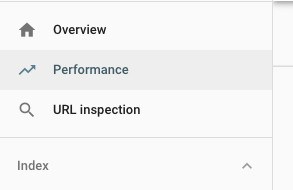 Google Analytics screenshot. A dropdown menu with three options: Overview, performance, U R L inspection. Performance is selected. 