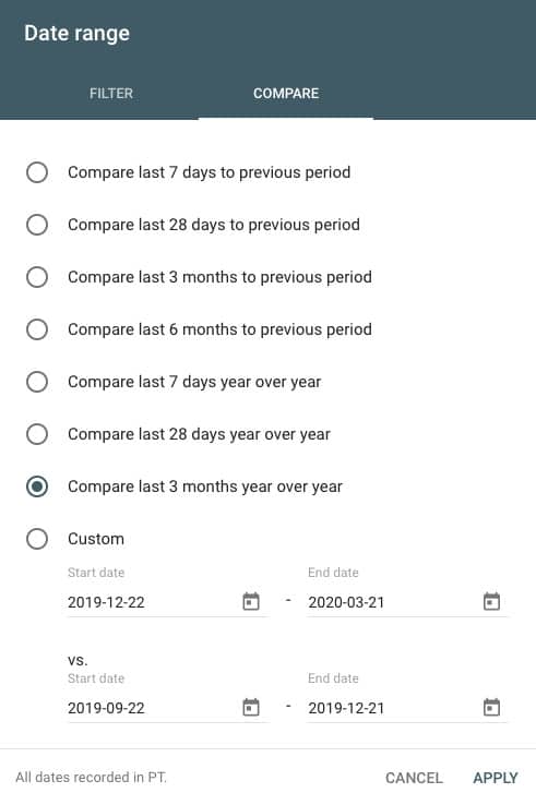 Google Search Console Screenshot titled Date Range. Two columns: Filter and Compare. Compare is selected. 7 options are provided. Compare last 3 months year over year is selected. 