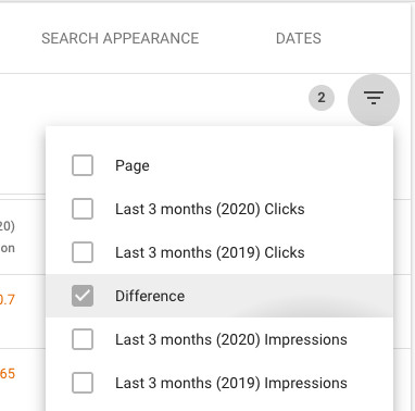 Google Search Console Screenshot. A hamburger menu is displayed with 6 options: Page, Last 3 months (2020) clicks, last 3 months (2019) clicks, Difference, Last 3 months (2020) impressions, Last 3 months (2019) impressions. Difference is selected. 