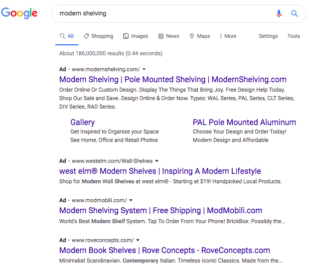 Google search results page for modern shelving followed by four ads, which contain some form of the text modern shelving in the title. Www.modernshelving.com is the first result. 