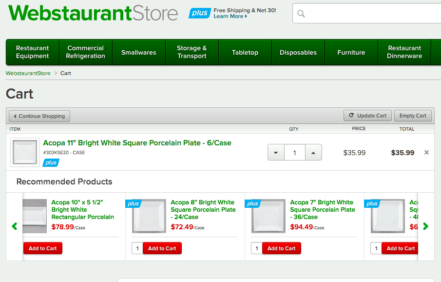 WebstaurantStore website screenshot titled Cart. An Acopa porcelain plate is in the cart. Beneath this information text states: Recommended Products. Beneath which is a horizontal row of products for other Acopa plates. 