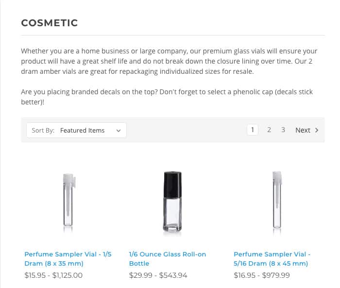 DiscountVials website screenshot titled Cosmetic. A short text about products for cosmetics is followed by products for cosmetics. 