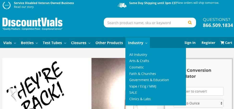 DiscountVials website screenshot. Six tabs across the top: Vials, Bottles, Test tubes, closures, Other products, Industry. The Industry menu is expanded. Under Industry: All industry, Arts & crafts, Cosmetic, Faith & churches, Government & education, Vape / Ecig / M M J, Sale, Clinics & Labs. 