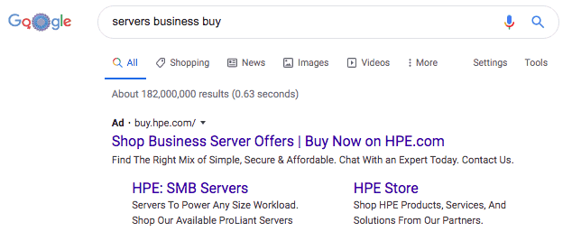 Google search for "Servers business buy." The top result labeled Ad is H P E.com. Beneath the top text section are two columns of additional text titled H P E: S M B servers and H P E Store. 