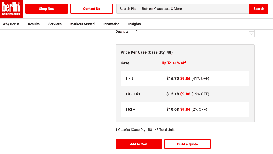 Berlin Packaging website. A box at the center of the screen labeled Price per case (Case Qty: 48) lists discounts according to quantity ordered. Beneath are two buttons: Add to cart and build a quote. 