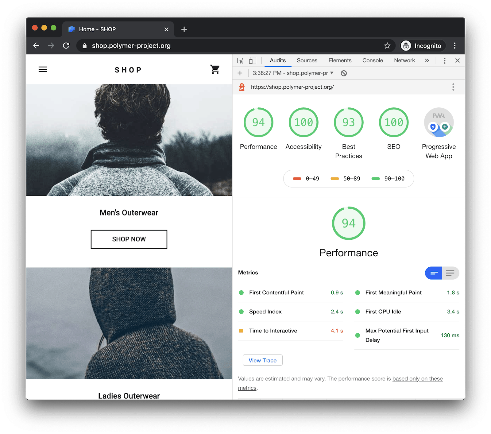 A screenshot of the webpage shop.polymer-project.org with the Google Lighthouse tool displayed on the right side. Four circles with numbers arranged horizontally on the top right as follows: Performance: 94, Accessibility: 100, Best practices: 93, S E O: 100. The last option states: Progressive web app. Below a section with a circle labeled Performance 94. Beneath which are 6 metrics: First contentful paint, speed index, Time to interactive, first meaningful paint, first C P U idle, max. Potential first input delay. 