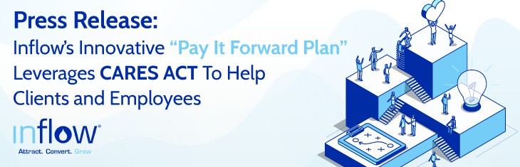 Press Release: Inflow's Innovative "Pay It Forward Plan" Leverages CARES Act to Help Clients and Employees. Logo: Inflow. Attract. Convert. Grow.