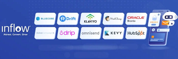 10 Logos as follows: Bluecore, Drift, Klaviyo, MailChimp, Oracle Bronto, ActiveCampaign, Drip, Omnisend, Kevy, Hubspot. Logo: Inflow. Attract. Convert. Grow.