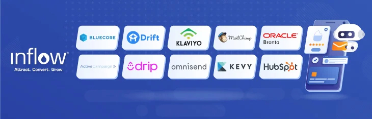 10 Logos as follows: Bluecore, Drift, Klaviyo, MailChimp, Oracle Bronto, ActiveCampaign, Drip, Omnisend, Kevy, Hubspot. Logo: Inflow. Attract. Convert. Grow.