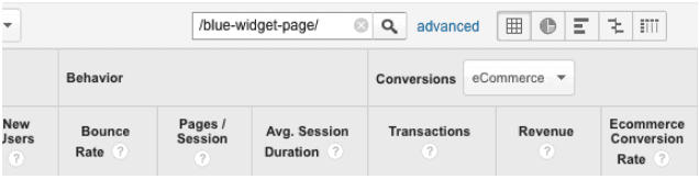 check revenue by typing URL into GA search Google Analytics Screenshot. At the top, a search bar contains the text: /blue-widget-page/
