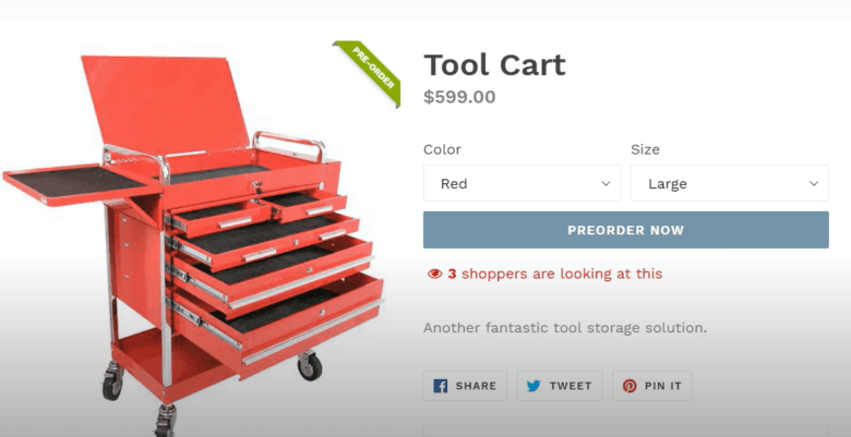 enable store pre order on shopify Shopify product screenshot. A photograph of the product on the left. Text at top states product name and price. Below two dropdown menus for Color and size. Beneath a button is labeled Preorder Now.