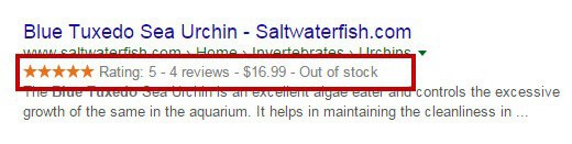 A screenshot of a search engine result. Top text states product name and website. Highlighted text states the rating, the number of reviews, the price and text: Out of stock. Beneath is a description of the product. 