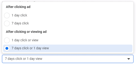 1 Day Click Delivery on Ad Sets Screenshot of a Facebook Ad Set. Two sets of options. First option: After clicking Ad. Two option buttons: 1 day click, 7 days click. Second option: After clicking or viewing ad. Two option buttons: 1 day click or view, 7 days click or 1 day view. 7 days click or 1 day view is selected.