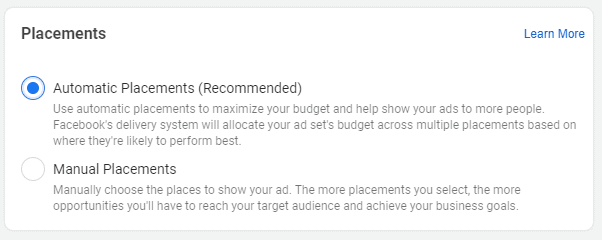 Screenshot of a Facebook Ad Set titled Placements. Two option buttons: Automatic Placements (recommended) and Manual Placements. Automatic Placements is selected. 