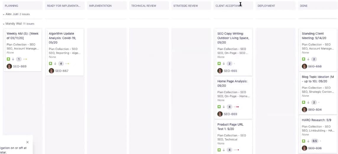 A screenshot of a schedule. Across the top are 8 columns labeled: Planning, ready for implementation, implementation, technical review, strategic review, client Acceptance, deployment, done. Eight items are listed under the columns as follows: Planning: weekly A M. Ready for implementation: Algorithm Update Analysis: Covid-19. Client Acceptance: S E O Copy Writing: Outdoor Living Space, Home Page Analysis, Product Page U R L Test 1. Done: Standing Client Meeting, Blog Topic: Ideation (M up to 10), H A R O Research. 