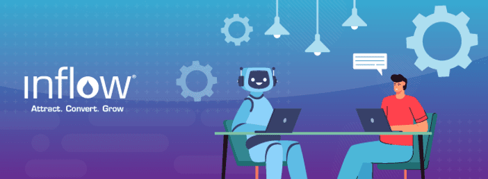 Illustration of a robot and a human figure sitting at the same table, both working on laptops. Logo: Inflow. Attract. Convert. Grow.