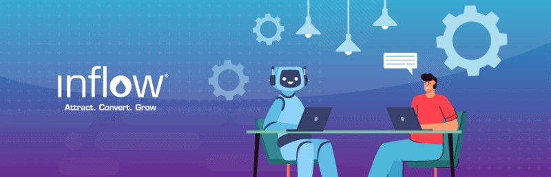 Illustration of a robot and a human figure sitting at the same table, both working on laptops. Logo: Inflow. Attract. Convert. Grow.