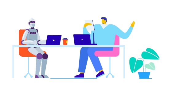 810842_AgencyBlogPostGraphics_Automation_082420 An illustration of a person and a robot sitting at a table, each with an open laptop in front of them.