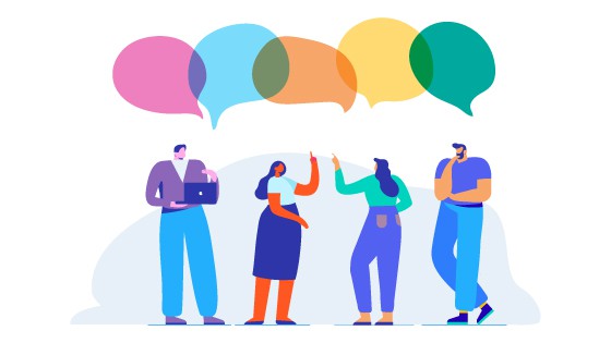 810842_AgencyBlogPostGraphics_Communication_082420 An illustration of four people standing, each with a conversation bubble. One person holds an open laptop.