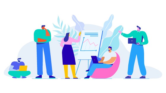810842_AgencyBlogPostGraphics_Strategy_082420 An illustration of five people gathered around a presentation easel. Three people have open laptops in front of them.